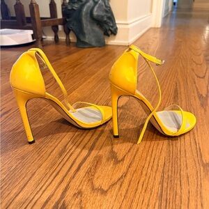 Stuart Weitzman Nudist Ankle Strap Stiletto Sandals – Yellow Leather, Size 7.5